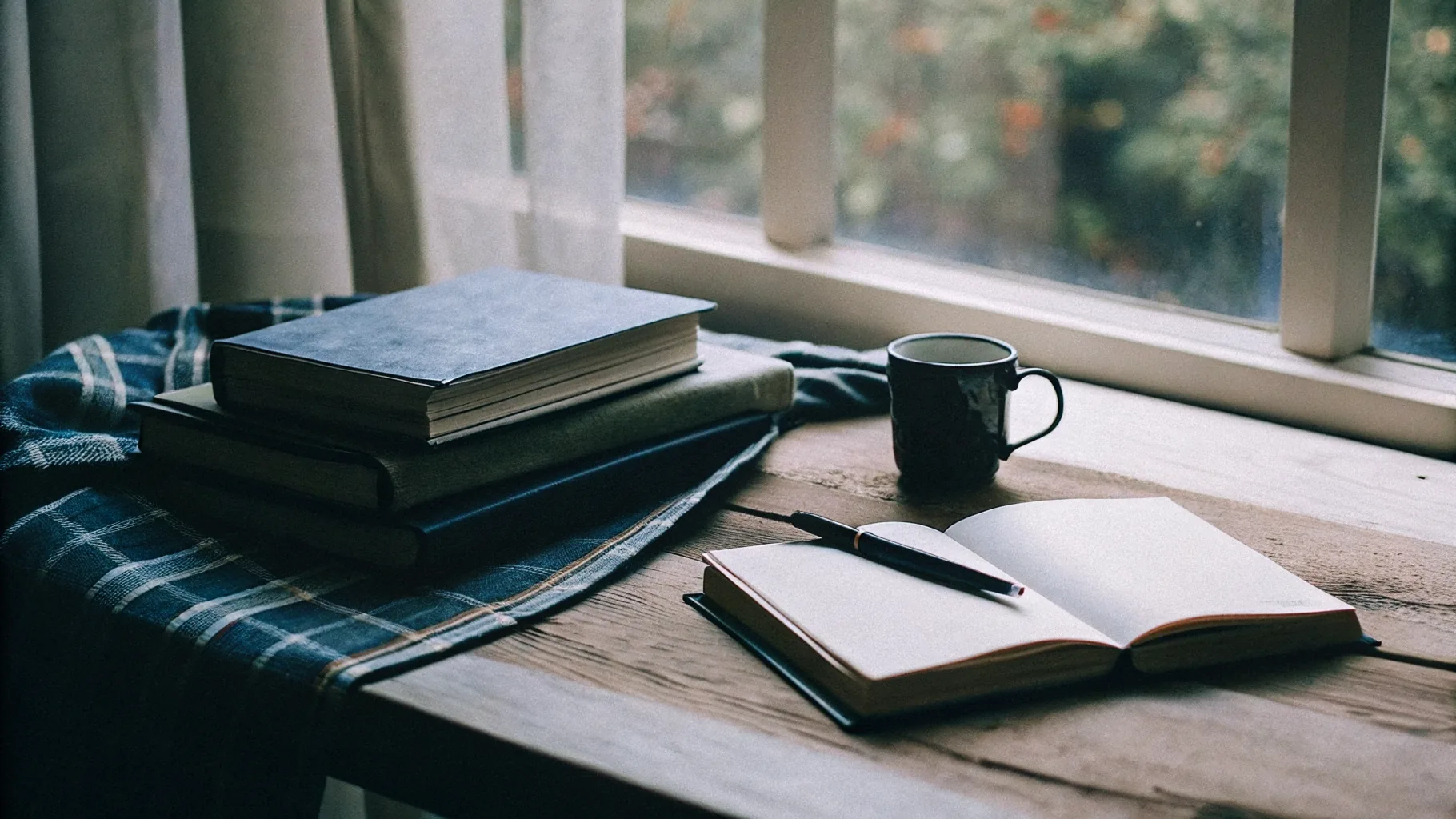 A stack of cloth-bound academic books beside an open notebook on a sunlit desk